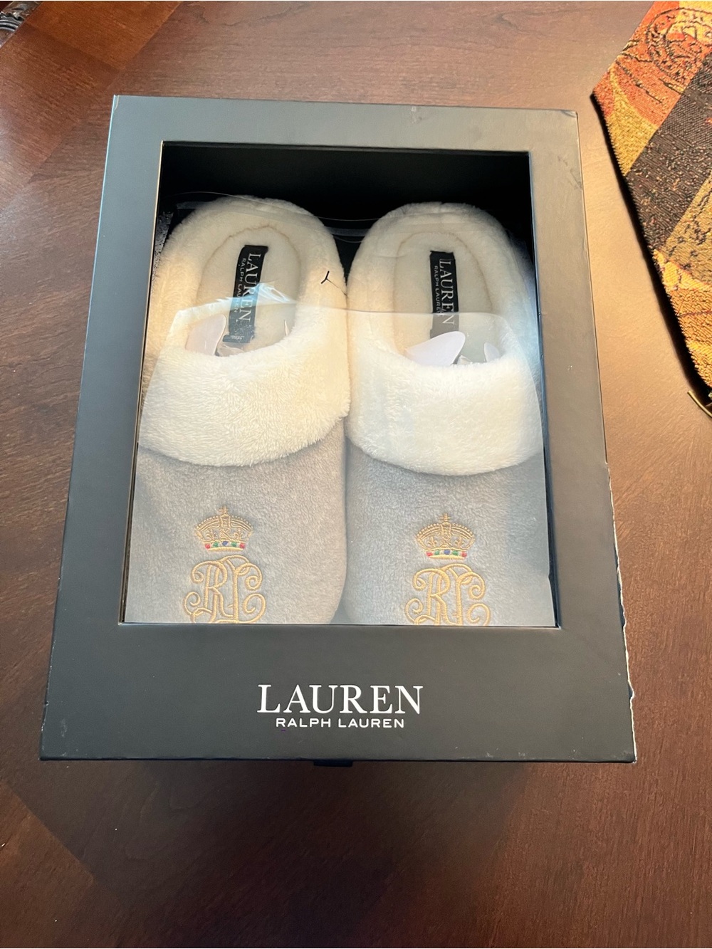 Lauren Ralph Lauren Light Grey & Cream Embossed Monogram Slippers